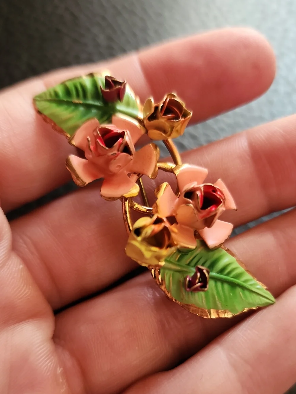 VTG Austria Pink Enamel Floral Brooch with Green Leaves - Women Jewelry - Picture 7 of 10